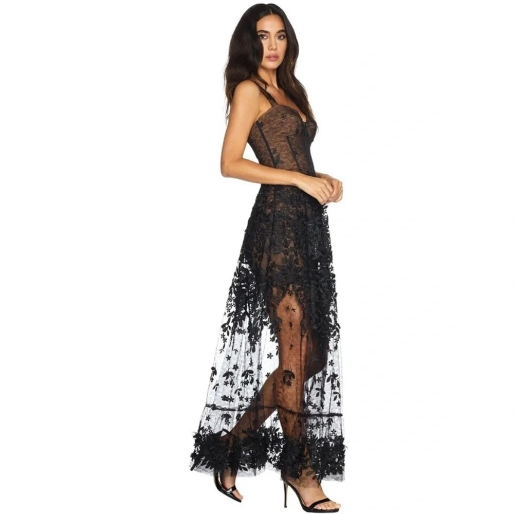 Dress the Population Anabel Embroidered Bustier Floral Sheer Lace Gown Black XXS - Picture 3 of 15